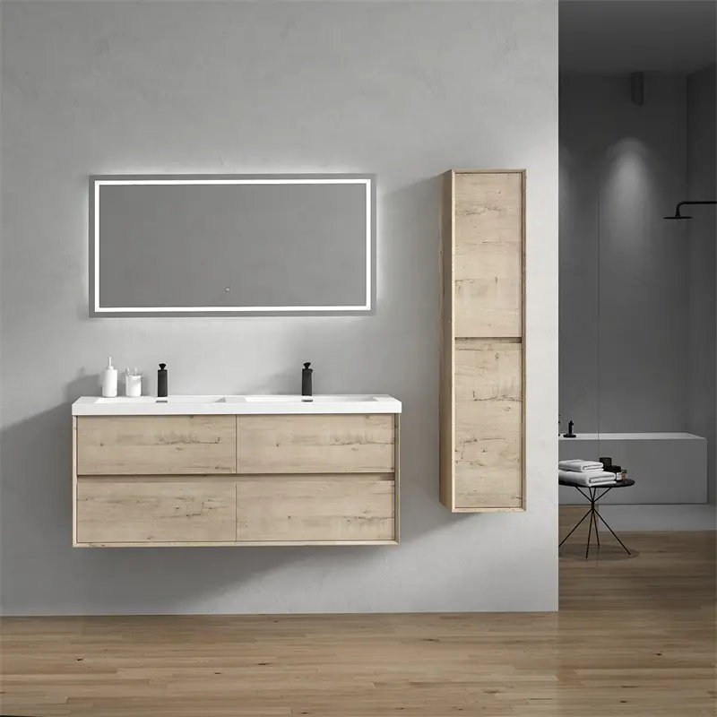 SLIM 60" Double Sink Modern Floating Vanity with Reinforced Acrylic Top - Cabinet Assembled