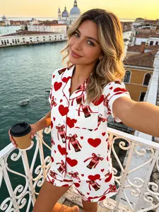 Women's Short Sleeve Pyjama Set, Bottom Heart & Soda Bottle Full Print, Vintage Sweet Cool Style, Comfortable Breathable Home Wear
