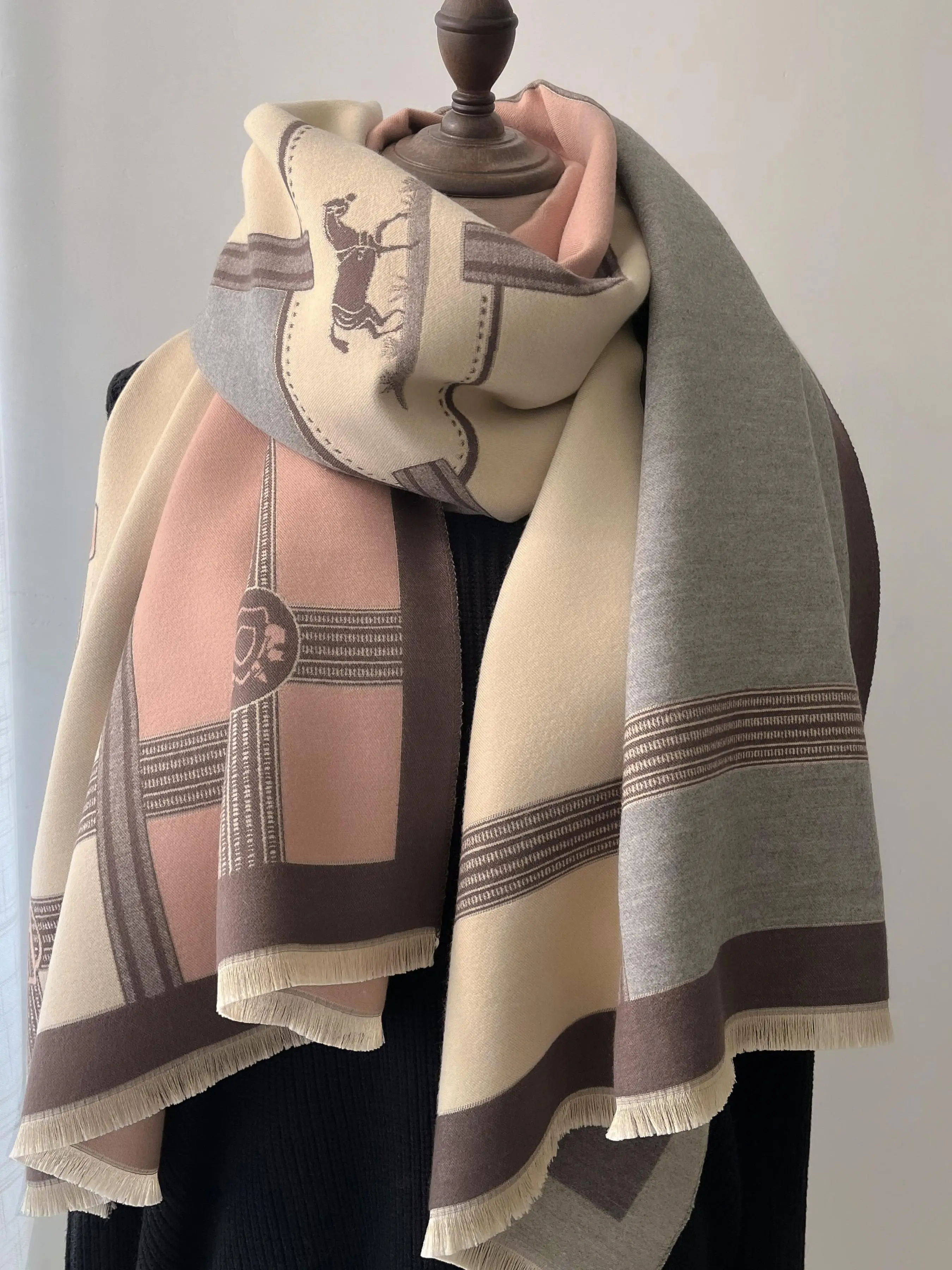 Boho Style Horse Pattern Fringe Trim Design Scarf, Casual Soft Warm Shawl for Fall & Winter, Fashion Accessories for Women & Girls, Fashionable Shawl