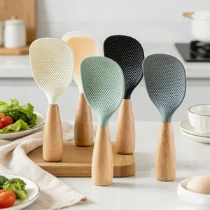 1 Count Heat-insulation Heat-resistant Spoon for Rice Cooker - Silicone Spoon with Wooden Handle,Durable Standing Rice Spatula Serving Spoon,Nonstick Cooking Spoon, Wooden Cooking Tools, Kitchen Utensils Gadgets
