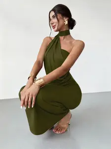 Women's Plain Ruched Halter Dress, Elegant Backless Formal Evening Party Gown, Ladies Clothes for All Seasons