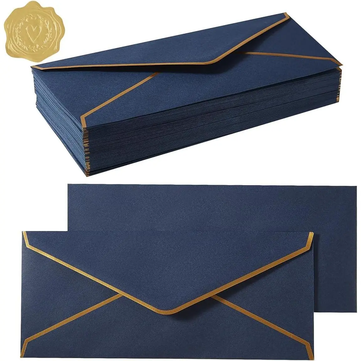 100 Pack #10 Business Envelopes with Gold Border, Self Seal Standard Envelopes with Gold Stickers for Office, Checks, Letter Mailing, Invoices, 4 1/8 x 9 1/2 Inches (Navy Blue)