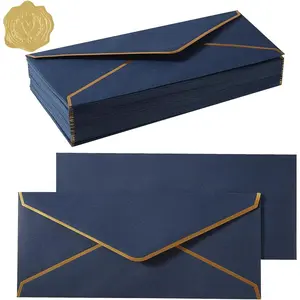 100 Pack #10 Business Envelopes with Gold Border, Self Seal Standard Envelopes with Gold Stickers for Office, Checks, Letter Mailing, Invoices, 4 1/8 x 9 1/2 Inches (Navy Blue)