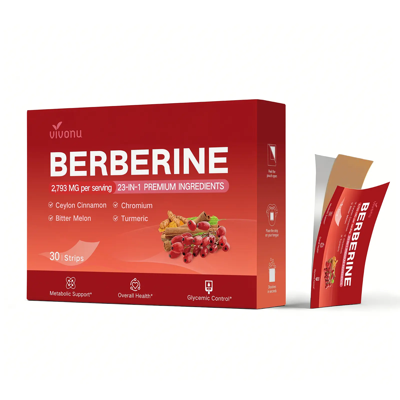 VIVONU  23-in-1 Advanced Berberine Oral Dissolvable Film, Natural Blend with Ceylon Cinnamon, Chromium, Bitter Melon & Turmeric, Supports Healthy Metabolism & Balanced Blood Glucose Levels