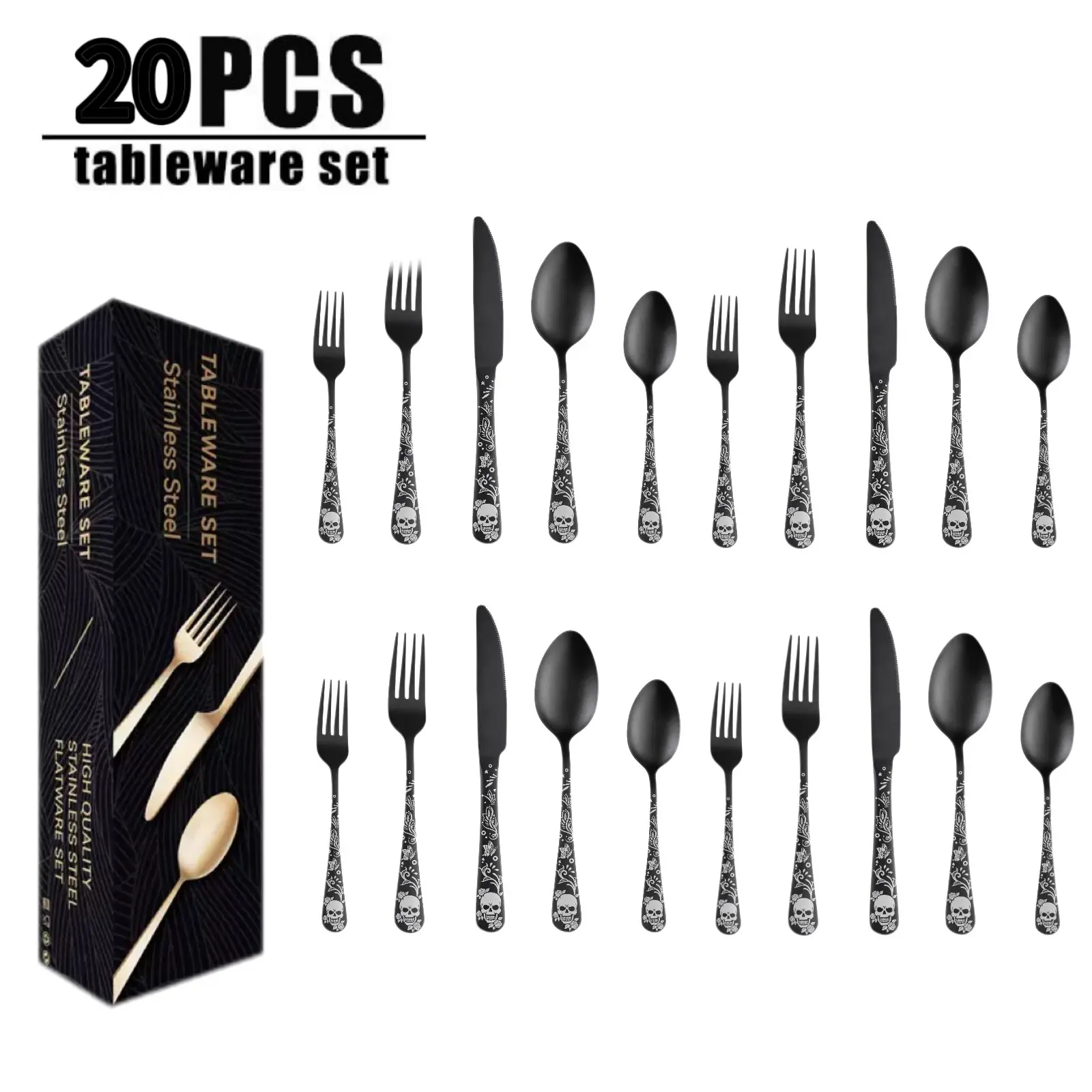 Gothic Skull Knife Fork Spoon Set, Tableware, Stainless, Cutlery, Thick Durable Design, Perfect for Dark Style Restaurant Enthusiasts, Unique Skeleton Carving, Fork and Spoon Set