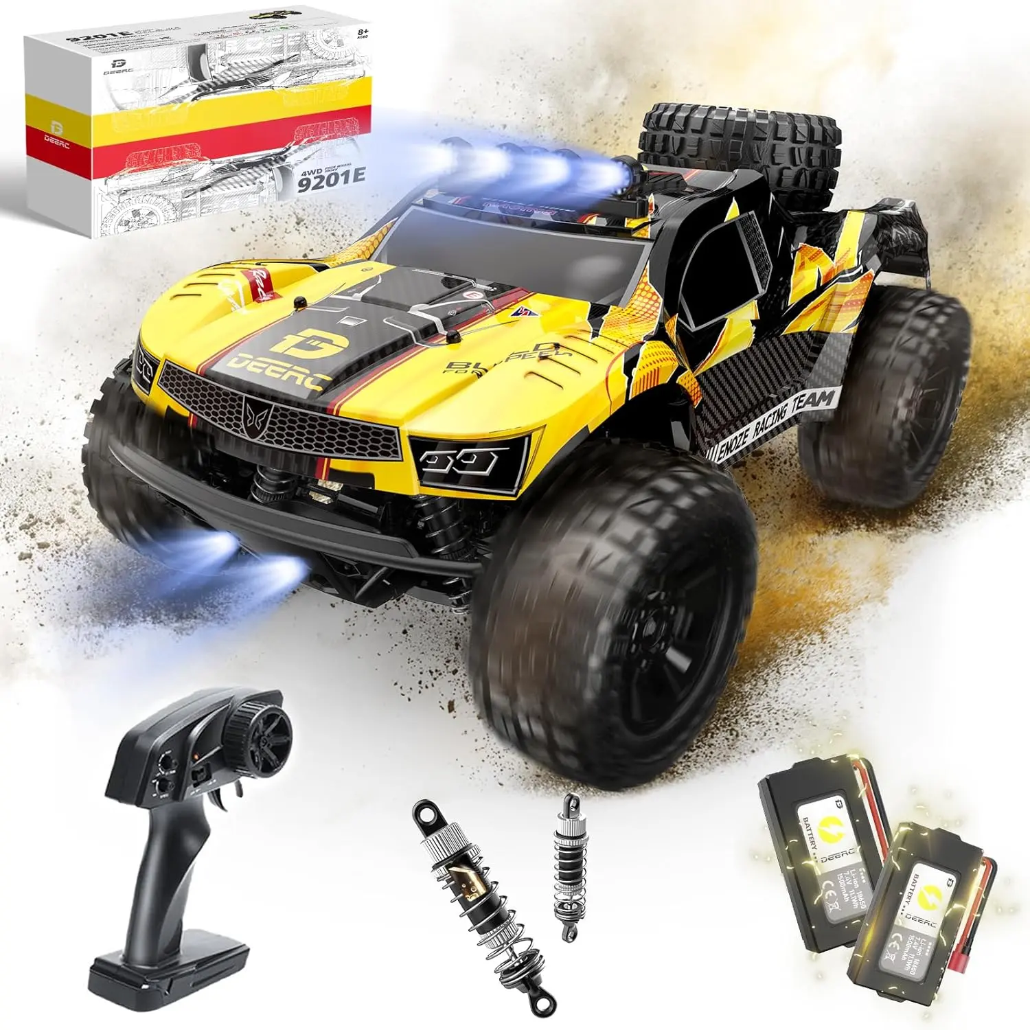 DEERC 1:10 Large Remote Control Truck with Lights, Short Course RC Car, 30 mph 4x4 Off-Road Monster Crawler Electric Vehicle with 2 Rechargeable Batteries, Spring Rc Stunt Cars Brushless Motor Rc