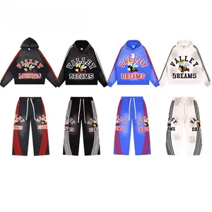 Valley Unisex 2-Piece Vintage Fleece Tracksuit - Autumn Graffiti Letter Terry Hooded Pullover, Straight Leg Pants, Y2K Hip Hop Loose Cotton Set with Bee Patch, Soft Breathable Velour, Memorial Day Gifts | Men's Sportswear Set for Sports & Outdoor Use