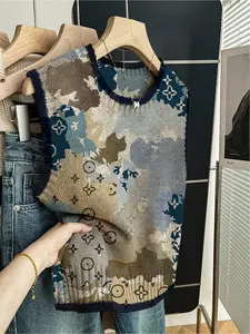 1 piece Spring/Summer Casual Style, Casual Tops, Loose Round-neck Sleeveless Knitted Color-Contrasting Dark Blue Edged Patchwork Plaid Knit Vests for Lady, suitable for outdoor wear, can be paired with a jacket or worn alone