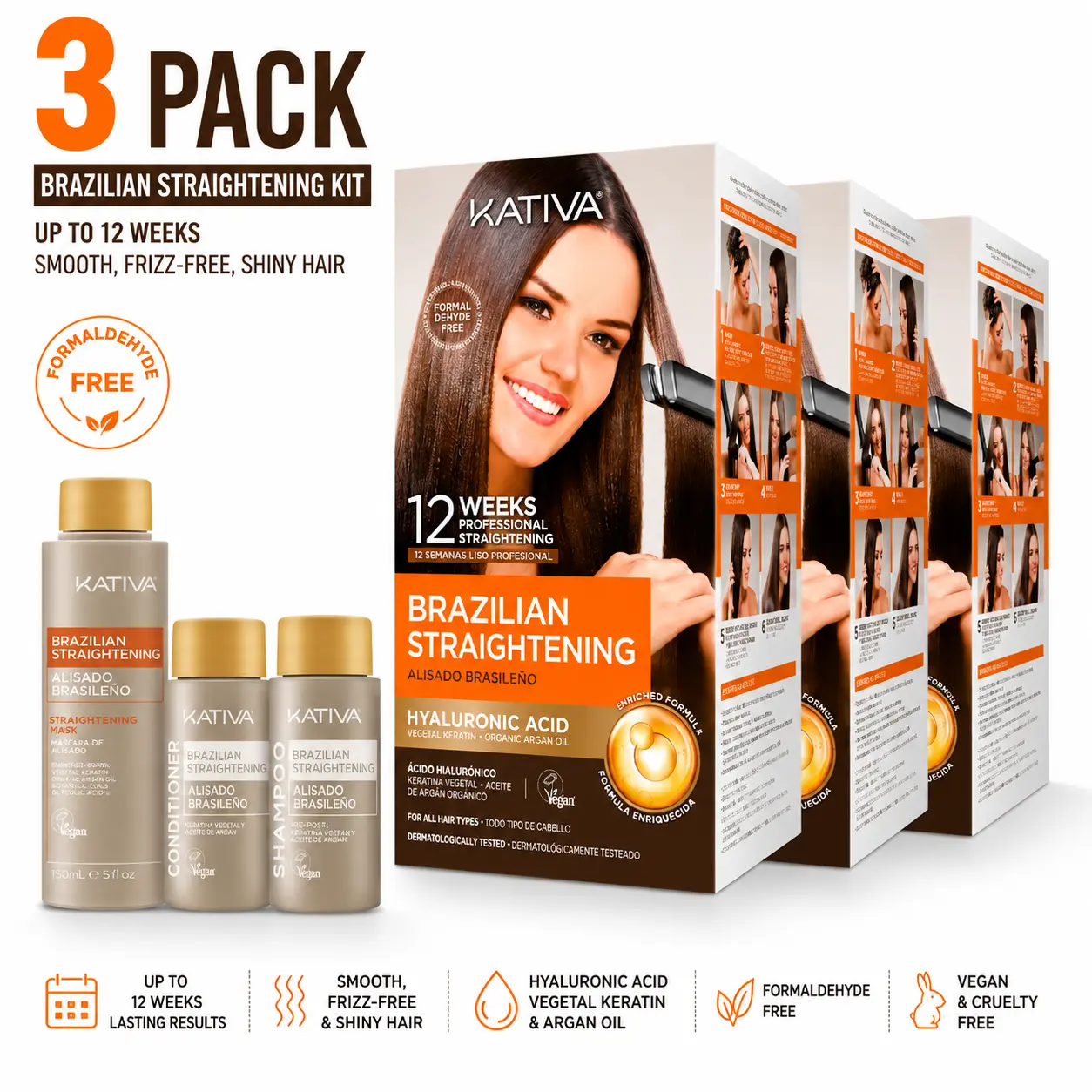 Kativa Brazilian Keratin Straightening Kit - 3-Pack Formaldehyde-Free Haircare Treatment with Hyaluronic Acid & Argan, 12-Week Frizz Control, Moisturizing, Glossy Hair for All Hair Types, Organic, Adults, Silky Straight Hair