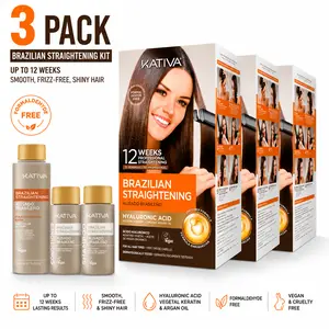 Kativa Brazilian Keratin Straightening 3-Pack Kit - 400 ml, Organic, Hyaluronic Acid, Argan Infused, Formaldehyde-Free Unisex Haircare for Curly Hair, 12 Weeks Frizz-Free Smooth Salon Results for At-Home Use
