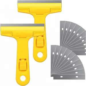 2pack Razor  Scraper, Industry Glass Window Scraper, Heavy Duty Cleaning Scraping Hand Tool with 20 count  for Putty  Stains Paints Glue Mud Wallpaper Removing Remover Cleaner (Yellow)