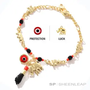 14K Gold Plated Boho Evil Eye & Lucky Elephant Charm Bracelet - Bohemian Anklet Jewelry for Women - Hypoallergenic Spiritual Gift girlfriend bff