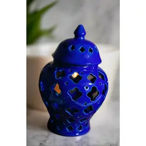 Blue Ceramic Lantern Candle Holder