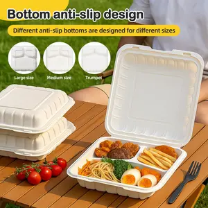 8*8 3-Compartment 150-Pack Plastic Clamshell Food To Go Box Containers Carryout For Sandwich Salad Heavy Duty Disposable Hinged With Secure Snap Lid To Go Containers Microwave and Freezer Safe - Reusable & Disposable Heavy Duty Clamshell Takeout |