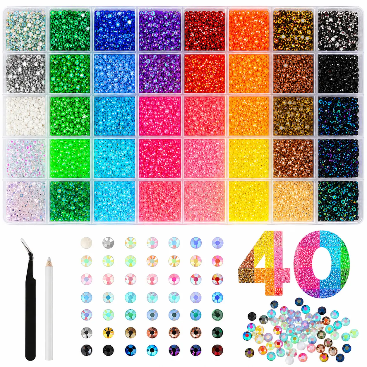 Mixed Beads Kit, 40000 Pcs Jelly Rhinestones in 40 Colors, 3mm Synthetic DIY Beads for Statement Nail Art, Crafts and Accessories