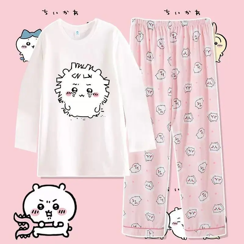 Anime Usag Hachiware 2-Piece Long-Sleeve Round Neck Casual Loose-Fitting Pajama Set, Summer Thin Fabric Nightwear, Cute Cartoon Pattern Shirt & Pants for Household Use, Outdoors