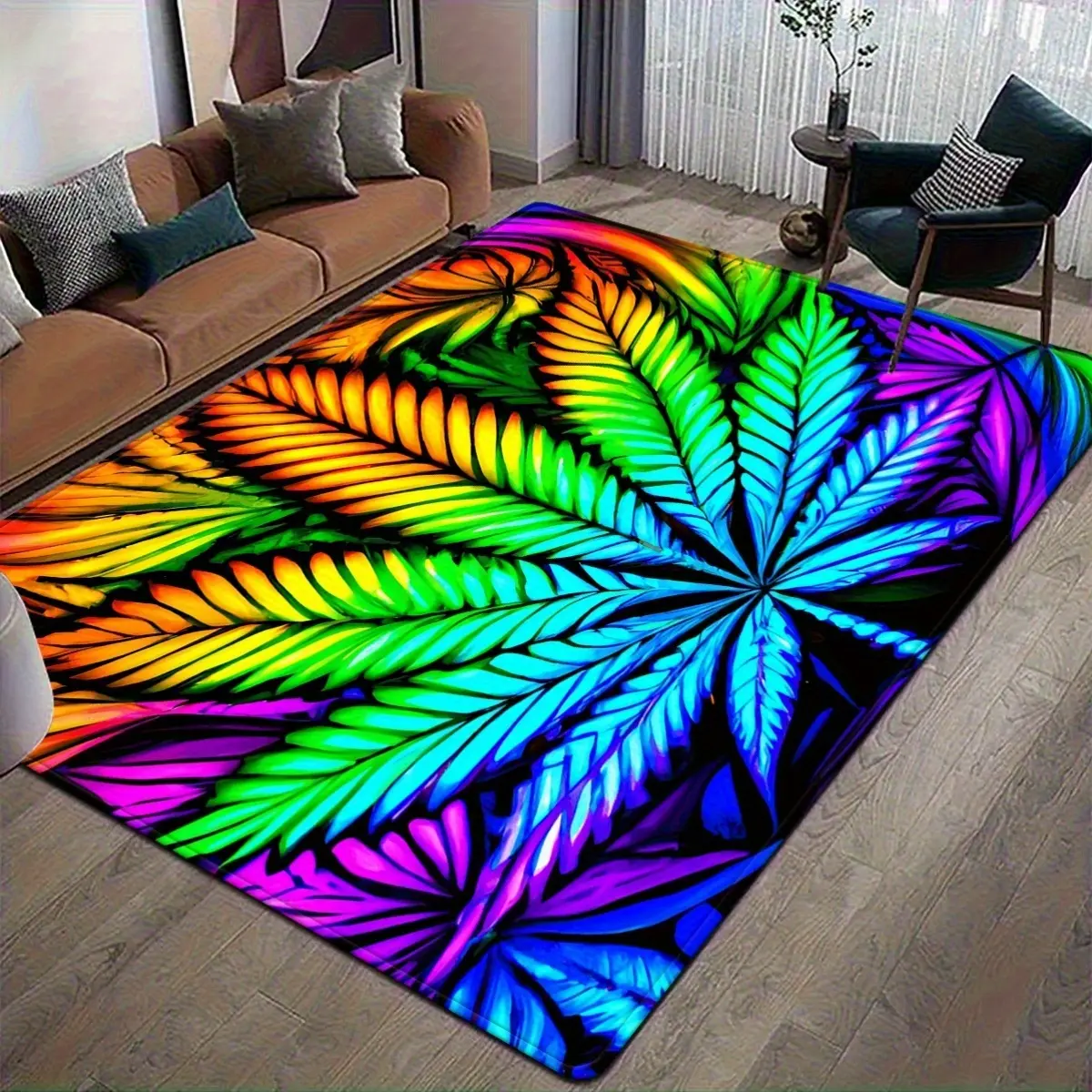 Large Neon Gradient Cannabis Leaf Diatomite Floor Mat - Watercolour, Soft, Quick-Dry, Non-Slip, Glowing 3D Texture, Grip Bottom Gaming Art Area Rugs, 140×200cm/39.4*70.9inch(100*180cm), Living Room/Kitchen Home Decor Household Textile Accessory