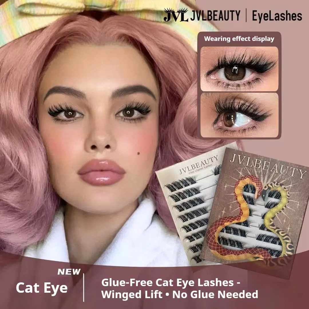 JVLBEAUTY Cat Eye Cluster Lashes – Glue-Free & Removal-Free, 64 Clusters Wispy Fluffy D-Curl Fox Eye Look, Reusable DIY, Easy to Apply, Long Lasting, Perfect Christmas Gift