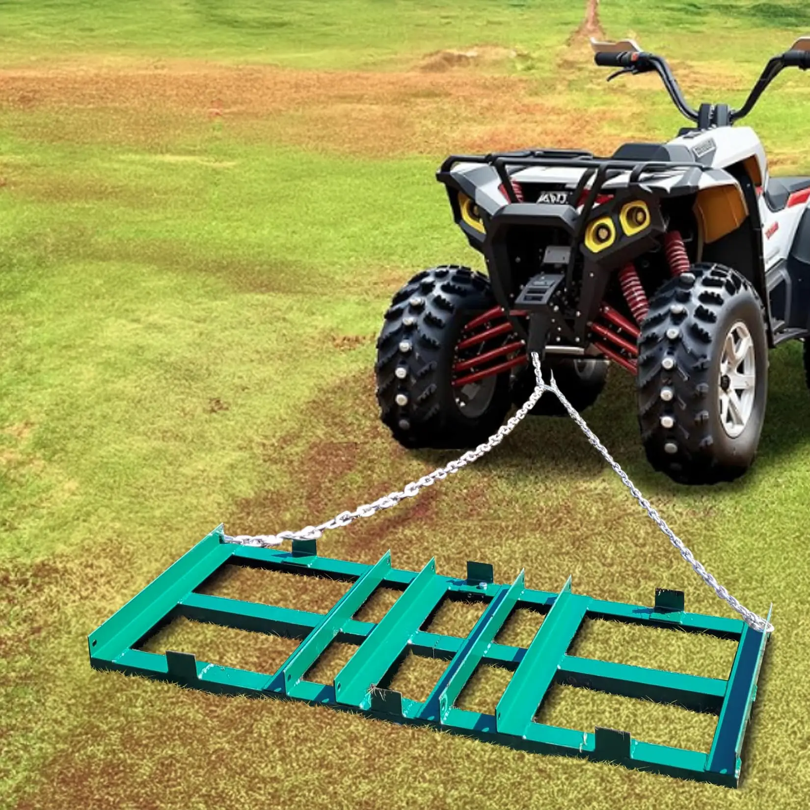 GARVEE 6 FT Heavy Duty Drag Harrow Driveway Grader and Power Rake with 6 FT Chain, Tow-Behind Lawn Rake for ATV, UTV, Tractor, Mower; Ideal Land Leveler for Gravel, Sand, Soil, Hay, 49.8 Pounds