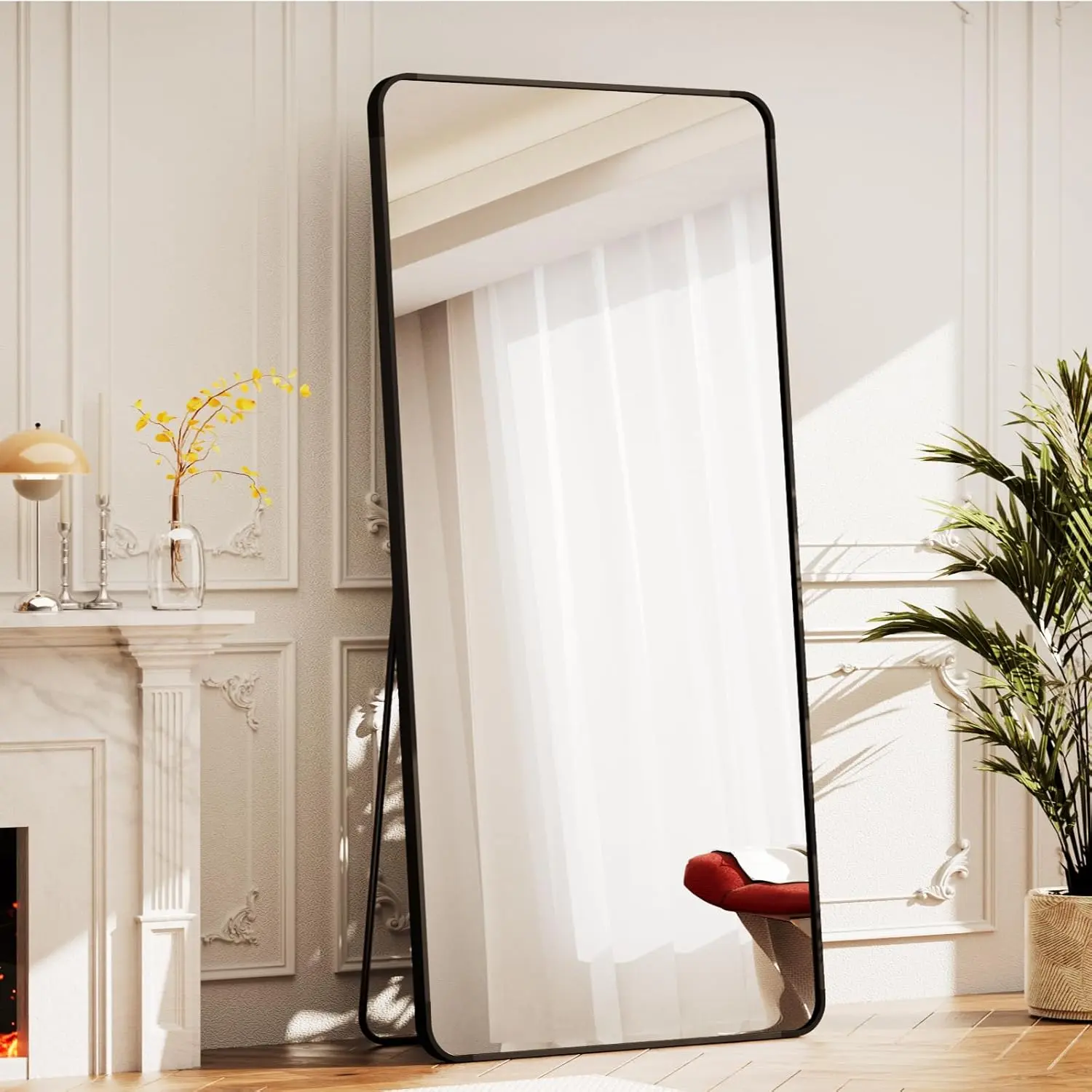 71"x26" Black Rounded Corner Glass Full-Length Mirror - Modern Home Bathroom Decor, Lightweight Float Design, Safe Reflection, Durable Synthetic Frame, Standing-Hanging-Leaning Wall-Mountable for Bedroom