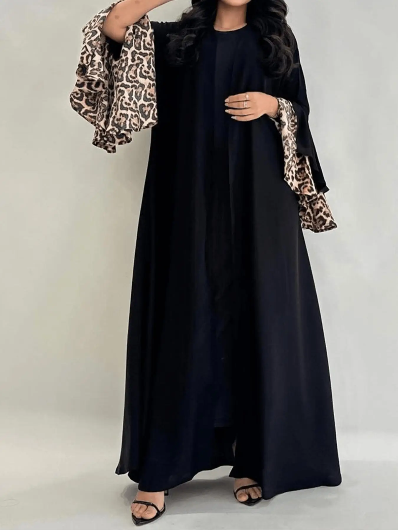 Women's Leopard Print Long Sleeve Abaya, Modest Casual Open Front Long Outwear for Daily Wear, Women's Islamic Clothing for All Seasons