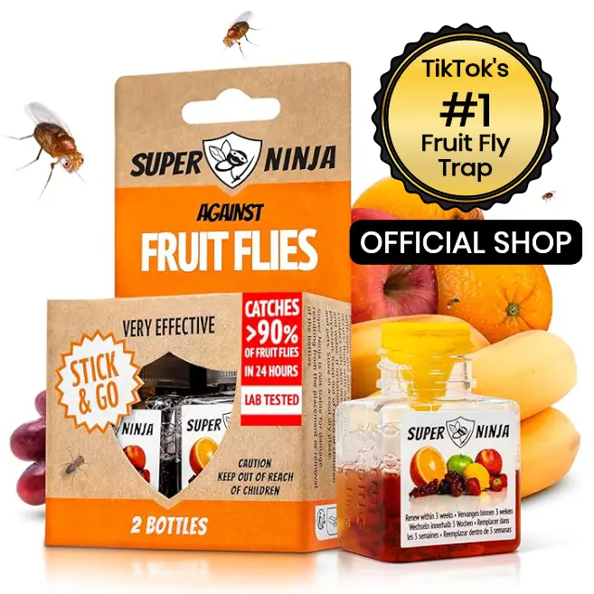 Super Ninja Fruit Fly Traps  - Very Effective Catcher for Kitchen Counters & Trash Bins - Natural Liquid Bait - Safe for Kids & Pets - 2 Bottles - 3 Weeks Protection - Eco-Friendly Design Household Pest Control