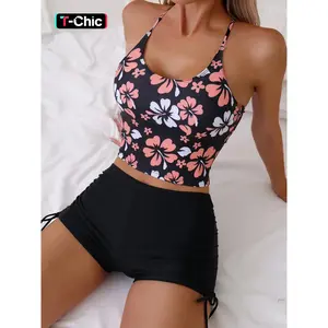 Two-Piece Set Women's Floral Print Drawstring Waist Summer Tankini Set, Sleeveless Ring Linked Swim Crop Tank Top & High Waist Swim Shorts, Beach Holiday Swimwear Clothes Set, Summer Outfits 2024