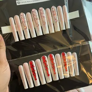 XXL Deep French Tip Presson Nails (red or pink rhinestones) size required nail manicure