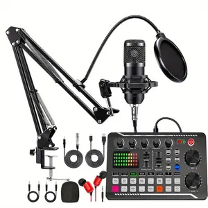 Podcast Equipment Bundle (1 Set), USB-Rechargeable Podcast Microphone with Voice Changer, Live Audio Mixer and Adjustable Condenser Mic, Recording Studio Package with USB Audio Interface