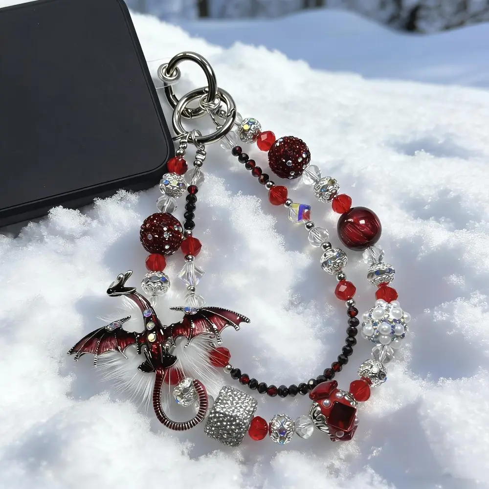 Dragon Phone Accessories - Heavy Duty Crystal Beaded Chain Strap with Red Diamond and Plush Pendant, Personalized Mobile Charm