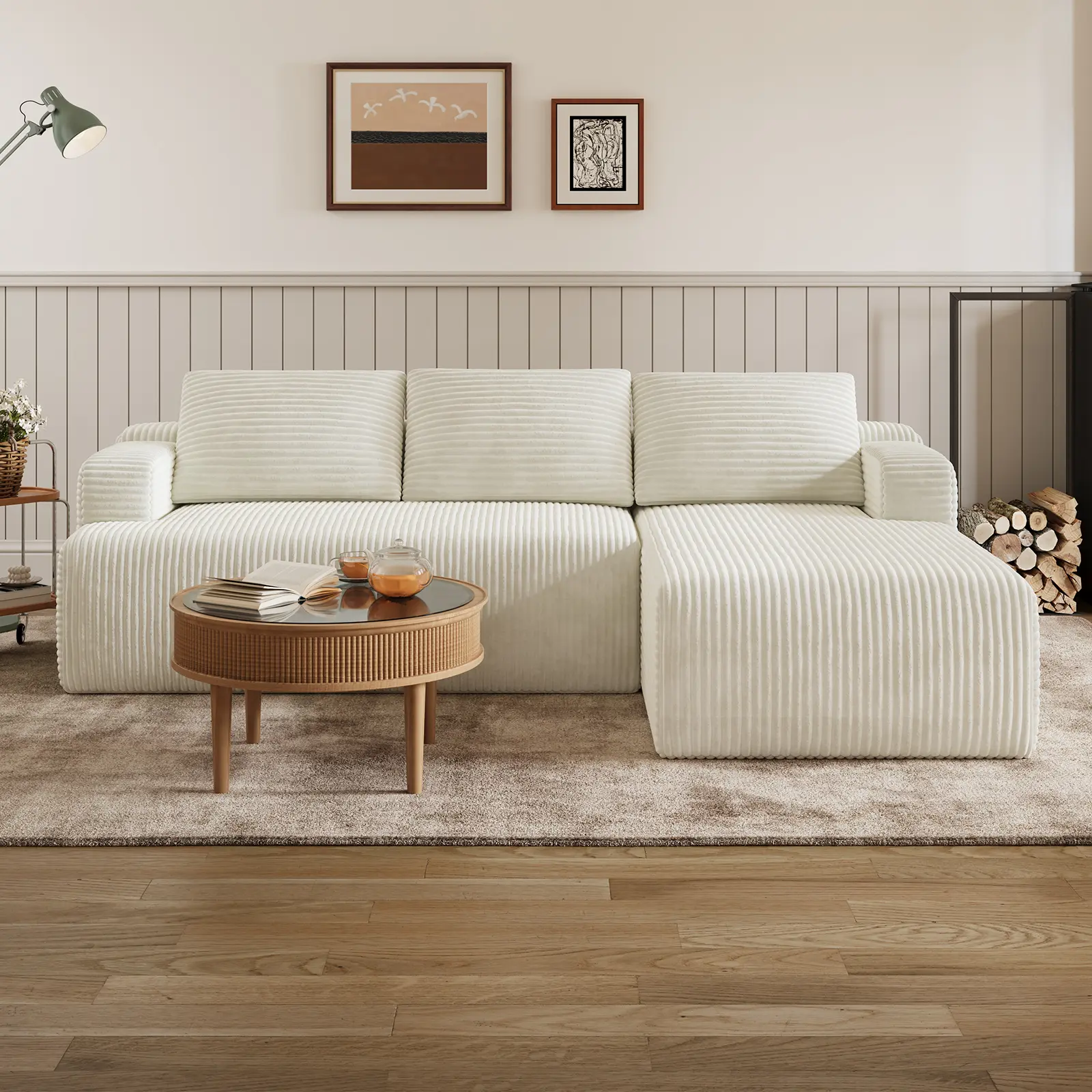 【2 Packages Shipping] L-Shape Plush Corduroy Velvet Modern Sofa with Deep Seat, Upholstered Couches for Living Room & Bedroom, No Assembly Required