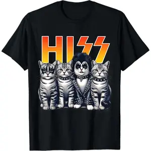 Unisex Cute Hiss Cats Rock Graphic T-Shirt - Men's Top, Casual Loose Streetwear, Round Neck Short-Sleeve, Soft Fabric, Fashion Crewneck for Cat Lovers
