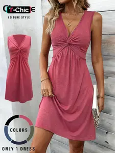 Women's Casual Chic Sleeveless Short Dress, Cross Neck Design, Ruched A-Line Hem, Slim Fit, Soft Lightweight Fabric, All Seasons Wear
