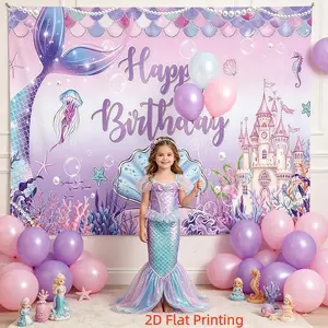 2D Flat Mermaid Birthday Decoration Background, Gradient Fish Tail, Underwater Castle, Party Wall Decor, Indoor Outdoor, Polyester Material