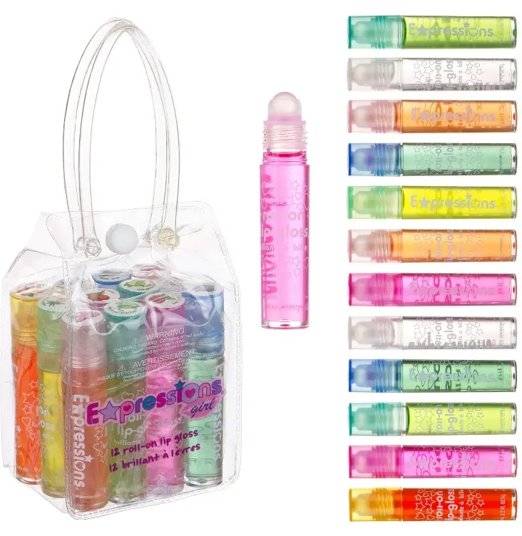 Expressions girl 12pc Roll-On Lip Gloss Set with Carrying Case – Fruity Non-Toxic Glossy Lip Makeup for Kids & Teens | Kid-Friendly Party & Best Friends Gift Set for Girls – So Fun