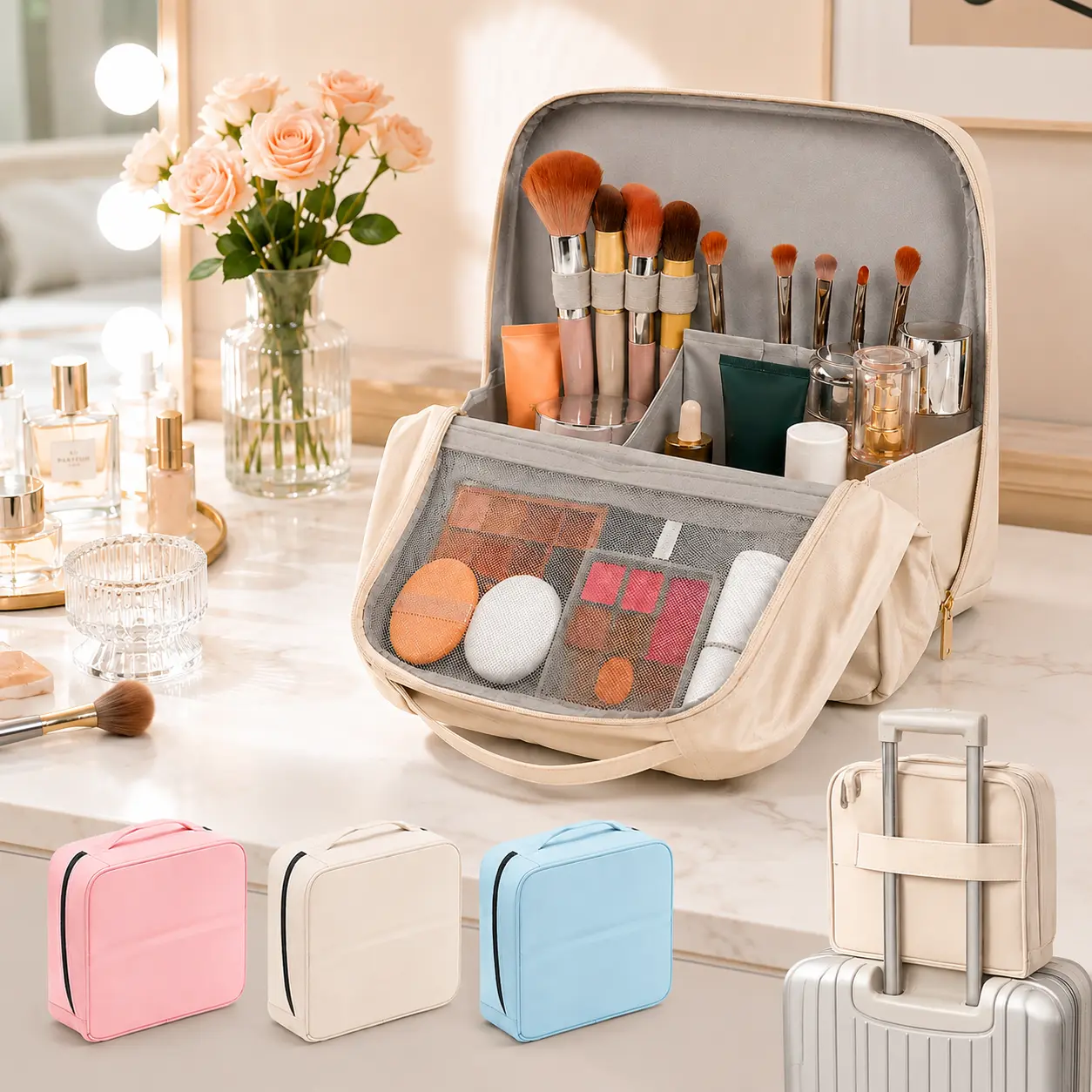 Women's Large-Capacity Leather & Nylon Travel Makeup Bag, Waterproof Standing Cosmetic Organizer for Travelers with Magnetic Closure, Foldable Fold-Down Flap, Large Opening, Brush Holder & Portable Toiletry Storage, Beige