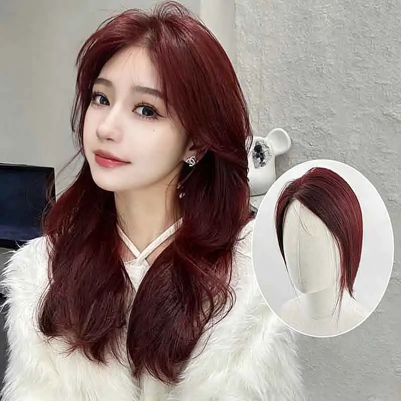 Lotfon Women's Raspberry Red Real Human Hair Bangs Topper, Volumizing High Root Lift Hairpiece, Lightweight Invisible Straight Extensions for Gray Coverage