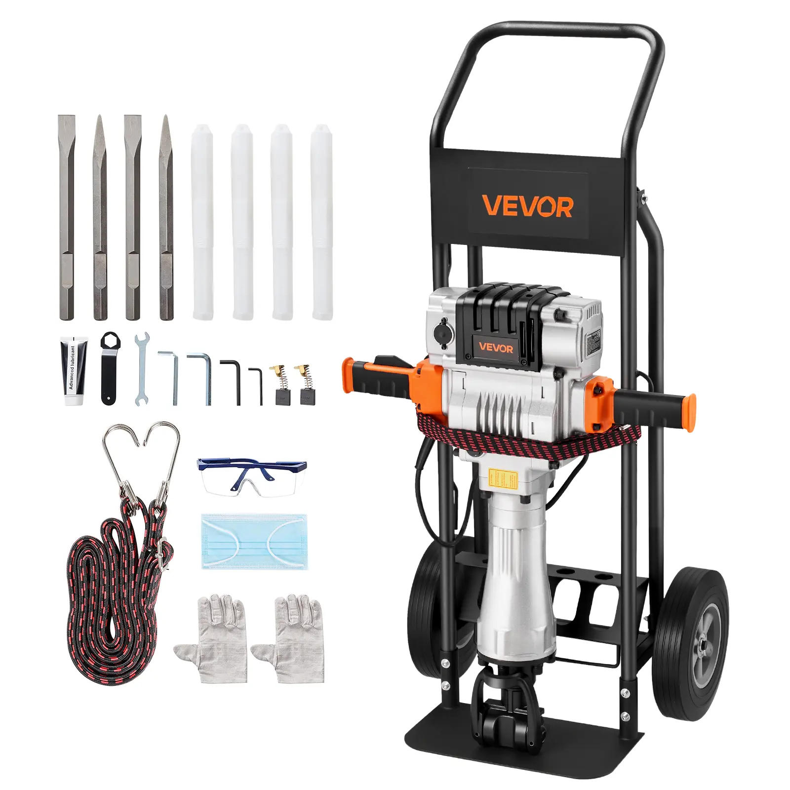 VEVOR Electric Demolition Jackhammer, 2100W Powerful Concrete Breaker with 1650 BPM, 2 Point Chisels, 2 Flat Chisels, Aluminum Hand Cart, Shock-Absorbent T-Shaped Grip, Gloves for Concrete, Wall