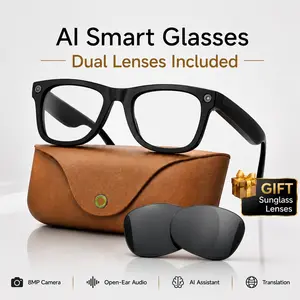 Sunglasses Men with 8MP HD Camera, Dual Lenses Included, Open-Ear Audio, Real-Time Translation, Voice Assistant, Leather Charging Case, Smart Recording Glasses for Travel Daily Use Multifunction Smart Glasses