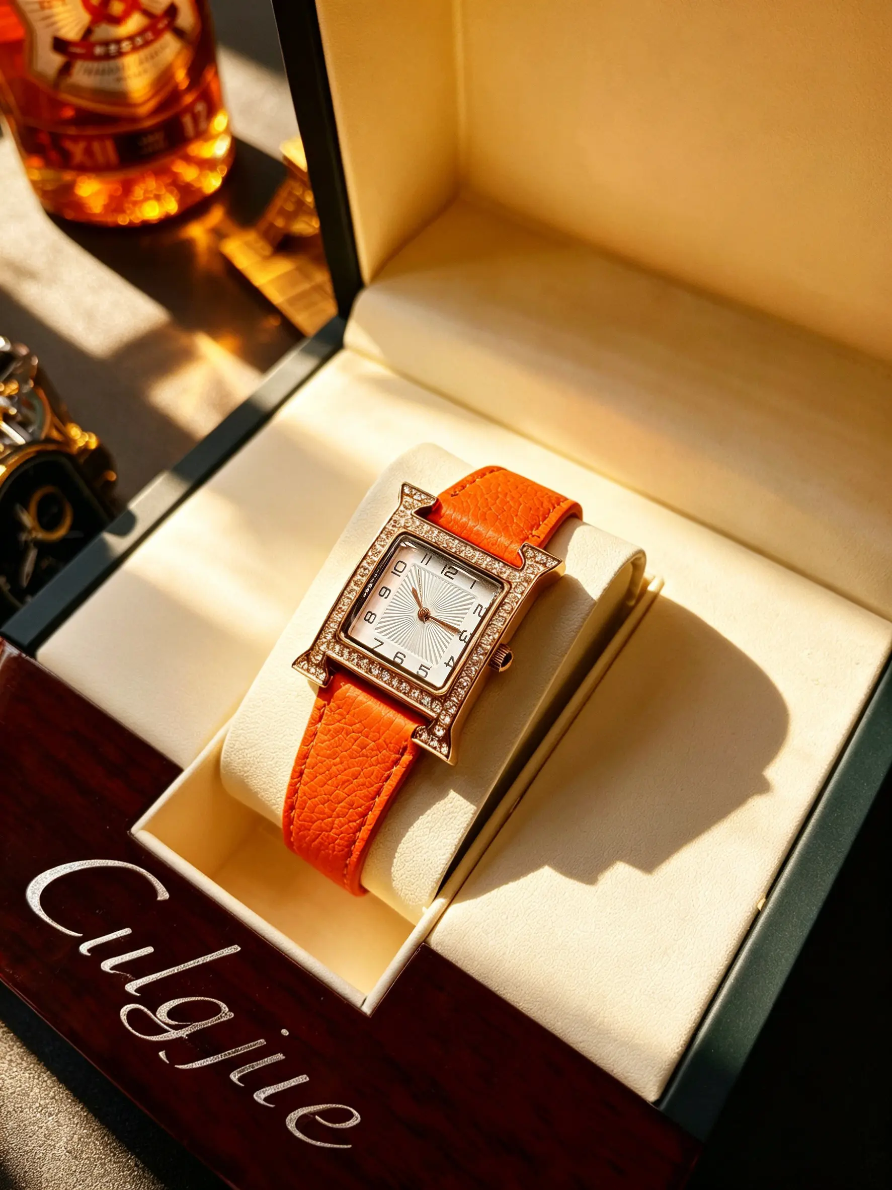 Women's Luxury Watch, Rose Gold Square Case with Diamonds, Dial, Waterproof, Leather Strap, Gift Box Included, Elegant Wristwatch