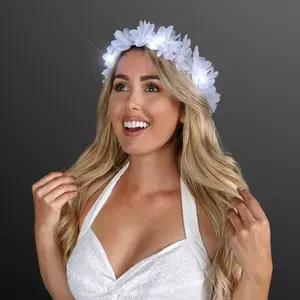 Set of 12 White LED Hawaiian Lei Floral Headband Light Up Flower Crown for Music Festivals Weddings Luaus Beach Parties Photo Props