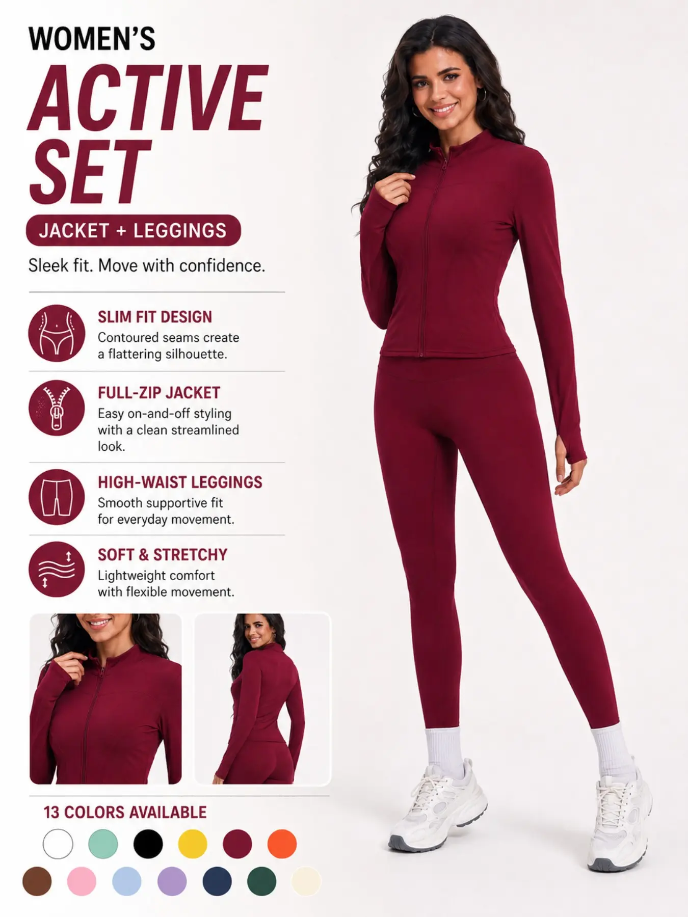 Women's Two-Piece Sport Set, Slim Fit Yoga Clothes Set, Long Sleeve Zipper Yoga Jacket & High-Waist Tight Pants for Gym, Running and Fitness, Quick Drying Outfits, Sportswear Set