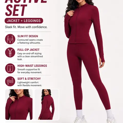 Women's Two-Piece Sport Set, Slim Fit Yoga Clothes Set, Long Sleeve Zipper Yoga Jacket & High-Waist Tight Pants for Gym, Running and Fitness, Quick Drying Outfits, Sportswear Set