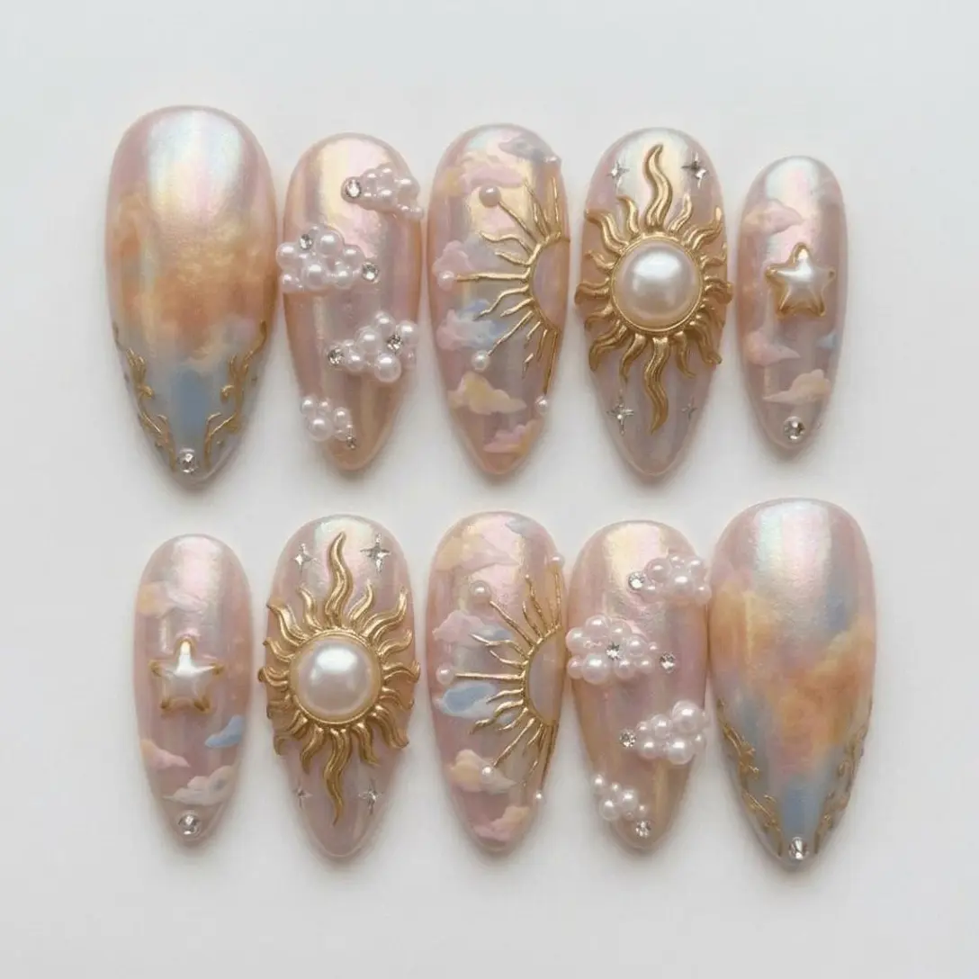 Celestial Sun & Pearl Cloud Press On Nails, Iridescent Pink Dreamy Nails, Luxury Angelcore False Nails, Ethereal Coquette Nail Art