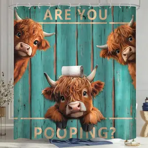 Vintage Funny Highland Cow Shower Curtain with 12 Hooks, Polyester Waterproof Fabric, Retro Farmhouse Green Plank Door Design, Plastic Hooks Included, Home & Bathroom Accessories for Farmhouse Decor, Ideal Gift