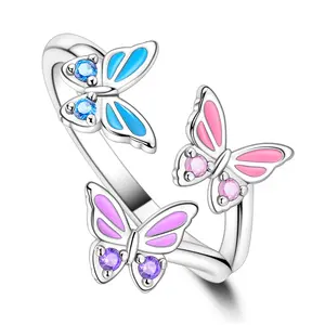 NARMO tricolor butterfly adjustable open ring, S925 silver inlaid with colorful enamel and sparkling cubic zirconia, vibrant insect style design, perfect gift for birthdays, graduations
