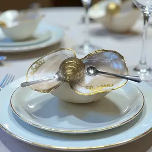 Seashell Salt and Pepper Cellar with Elegant Gold Trim and Spoon for Table Setting