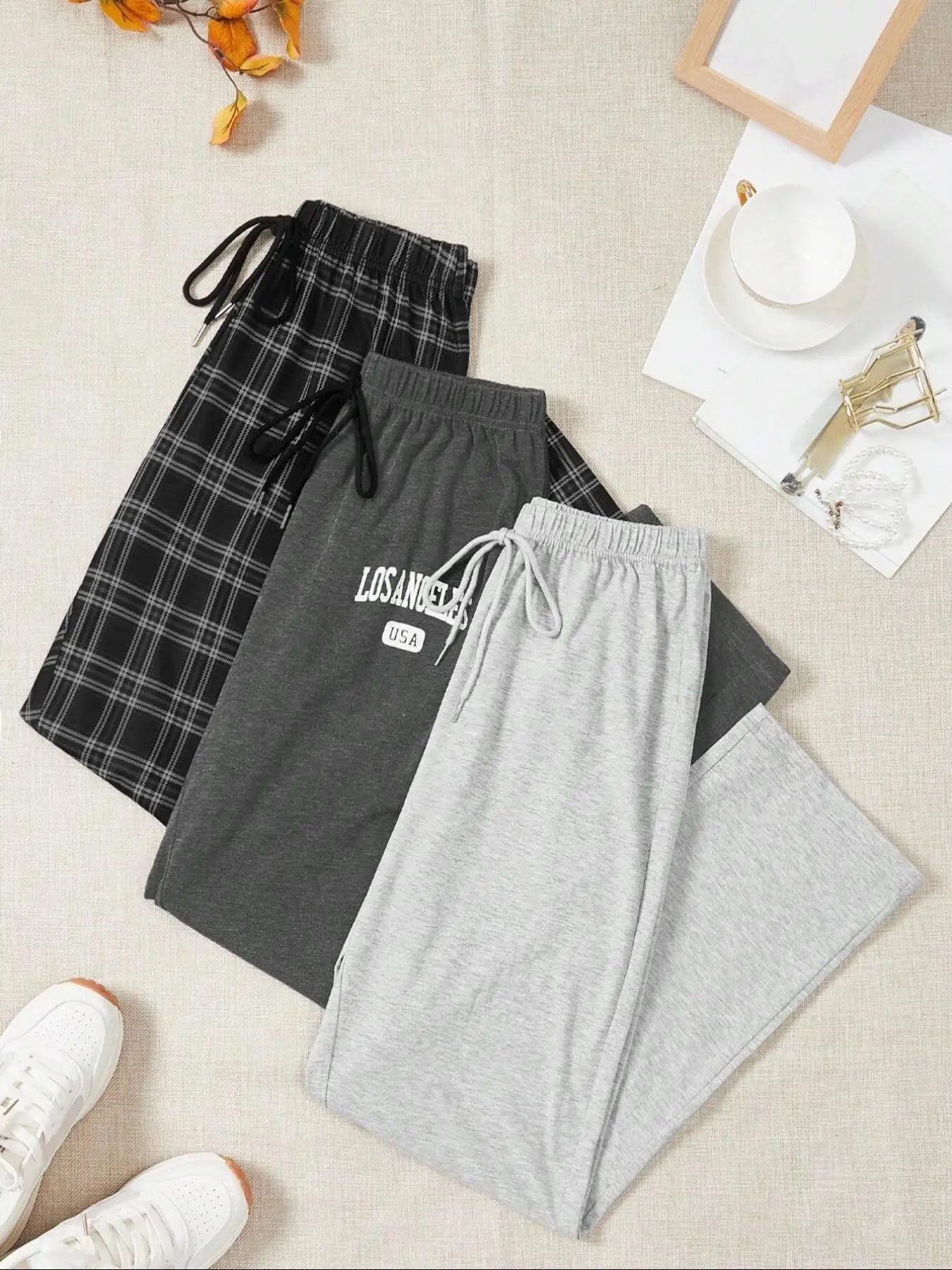 Women's 3pcs Letter & Plaid Print Drawstring Waist Sleep Pants, Casual Comfy Elastic Waist Sleep Bottoms for All Seasons, Comfy Loungewear for Women