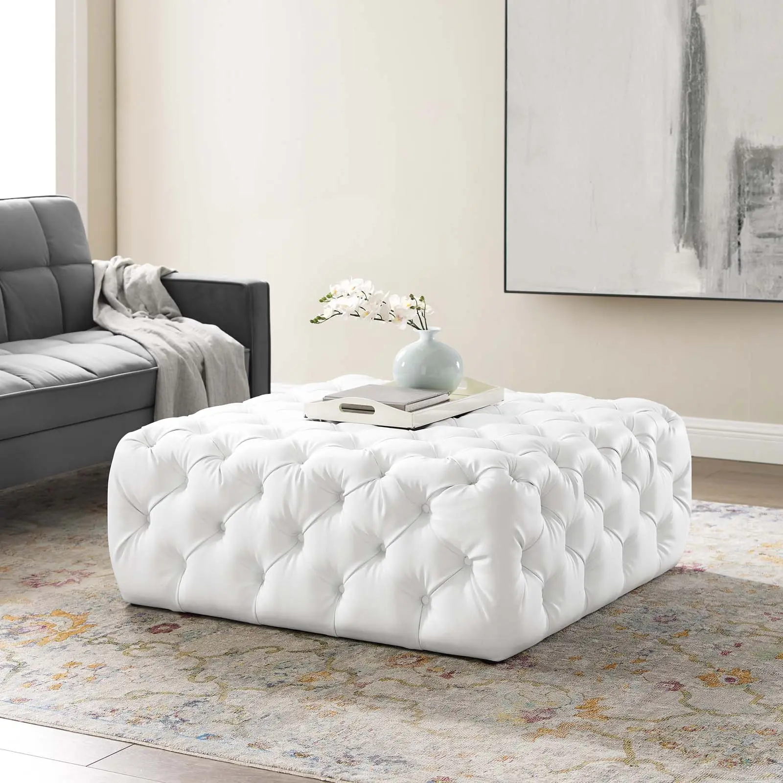 Modway Amour Large Square Button Tufting Pleather Ottoman - Foam-Cushioned Single Seating Stool/Bench, 400 lbs Capacity, Modern Indoor Pleather Living Room Furniture for Bedroom, White
