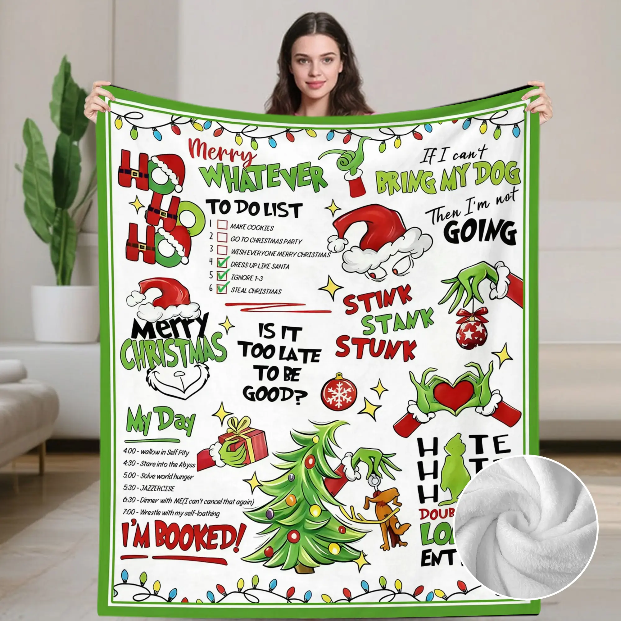 250GSM Flannel Christmas Tree Blanket, Funny Green Holiday Throw Blanket for Sofa Bed, Soft Cozy Winter Blanket